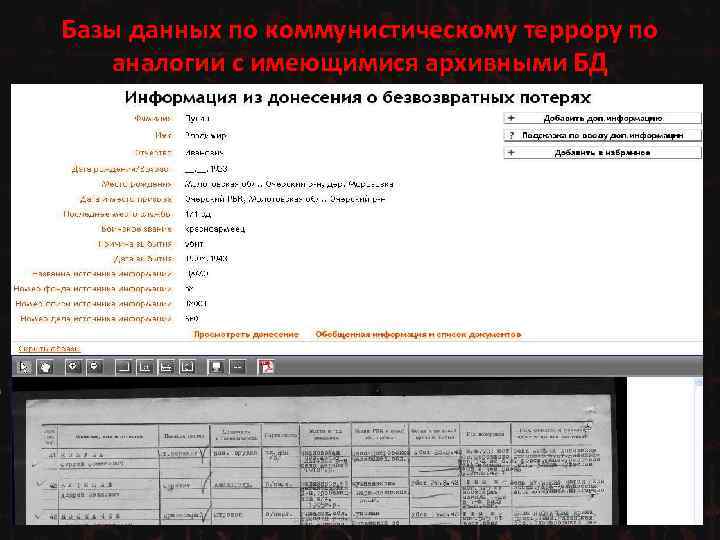 Базы данных по коммунистическому террору по аналогии с имеющимися архивными БД 
