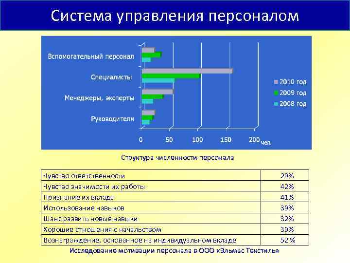 Система управления персоналом Структура численности персонала Чувство ответственности 29% Чувство значимости их работы 42%