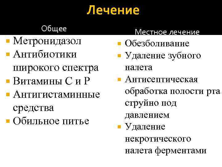 Лечение Общее : Метронидазол Антибиотики широкого спектра Витамины С и Р Антигистаминные средства Обильное