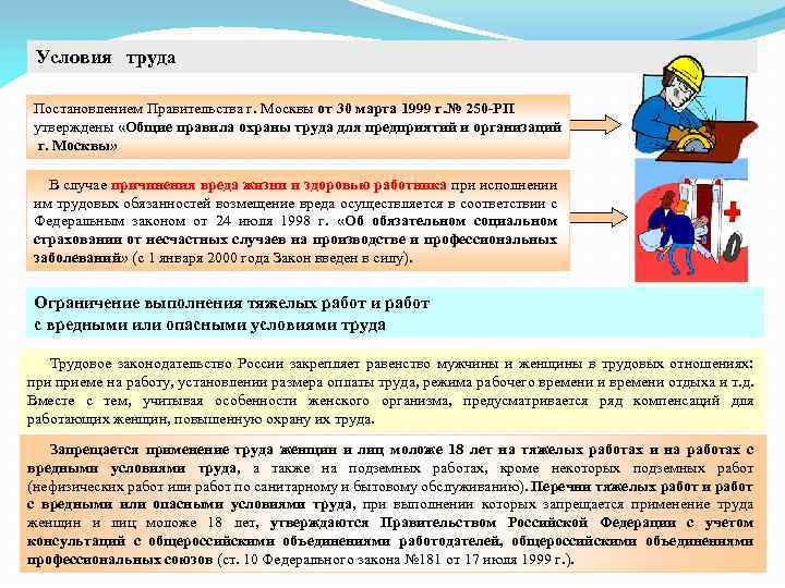 Условия труда Постановлением Правительства г. Москвы от 30 марта 1999 г. № 250 -РП