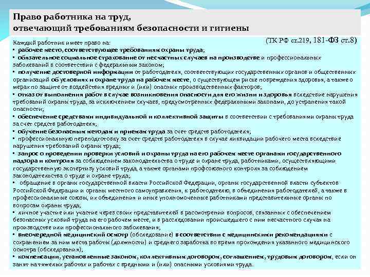 Право работника на труд, отвечающий требованиям безопасности и гигиены (ТК РФ ст. 219, 181