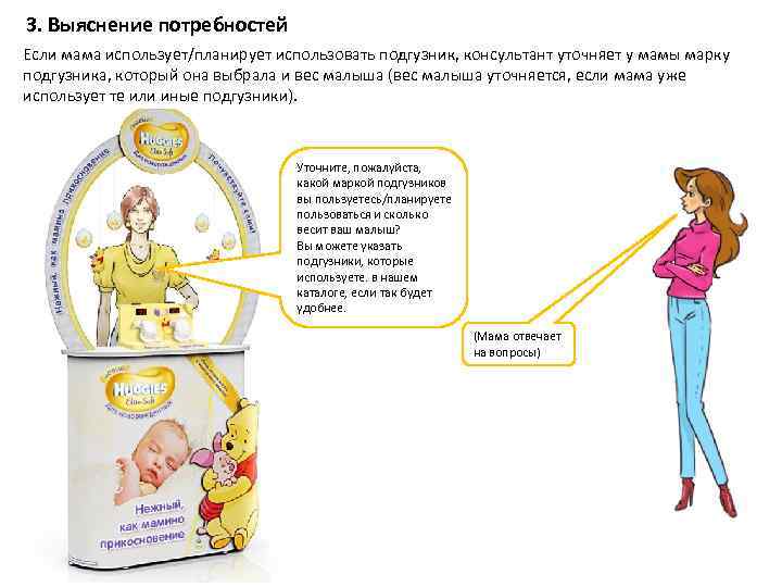 3. Выяснение потребностей Если мама использует/планирует использовать подгузник, консультант уточняет у мамы марку подгузника,