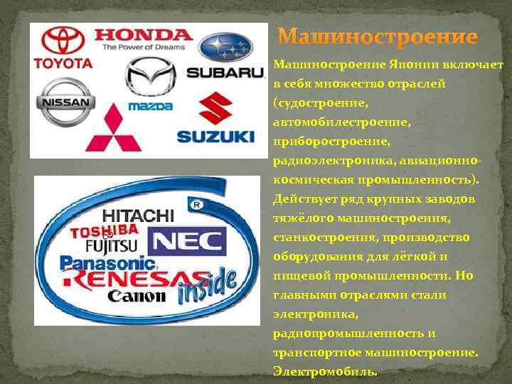 Машиностроение Японии включает в себя множество отраслей (судостроение, автомобилестроение, приборостроение, радиоэлектроника, авиационнокосмическая промышленность). Действует