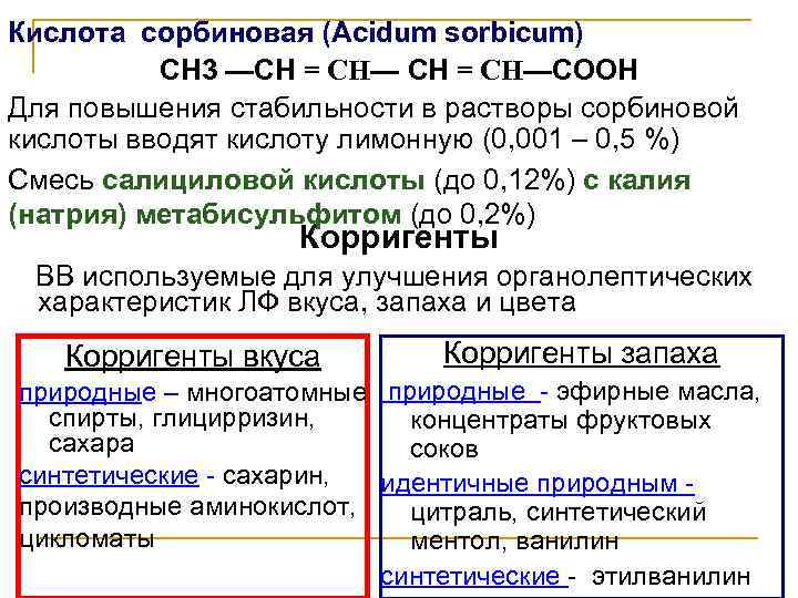 Кислота сорбиновая (Acidum sorbicum) CН 3 —CH = CH—СOOН Для повышения стабильности в растворы