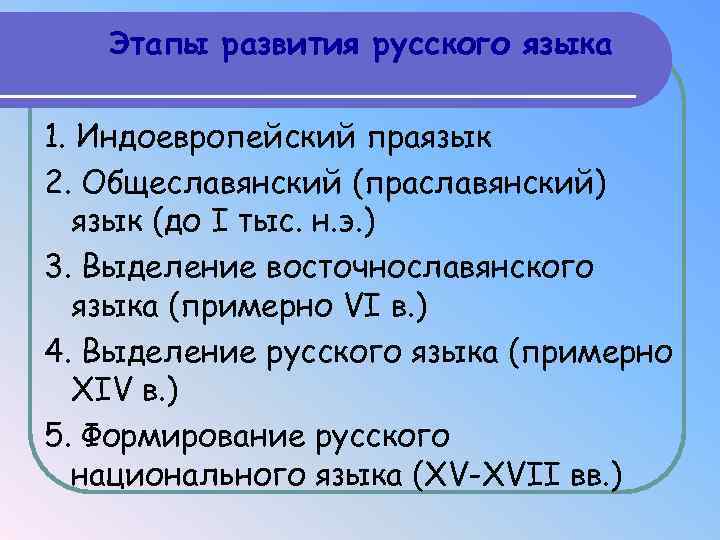 Этапы развития русского языка 1. Индоевропейский праязык 2. Общеславянский (праславянский) язык (до I тыс.