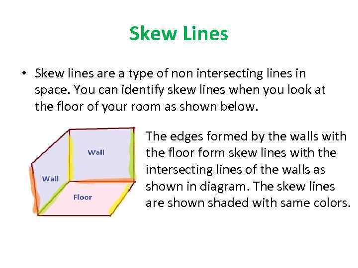 Skew Lines • Skew lines are a type of non intersecting lines in space.