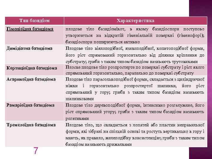 Тип базидіом Гіменіоїдна базидіома Димідіатна базидіома Кортиціоїдна базидіома Агарикоїдна базидіома Рамаріоїдна базидіома Тремелоїдна базидіома