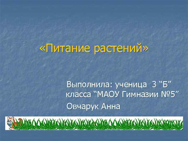  «Питание растений» Выполнила: ученица 3 “Б” класса “МАОУ Гимназии № 5” Овчарук Анна