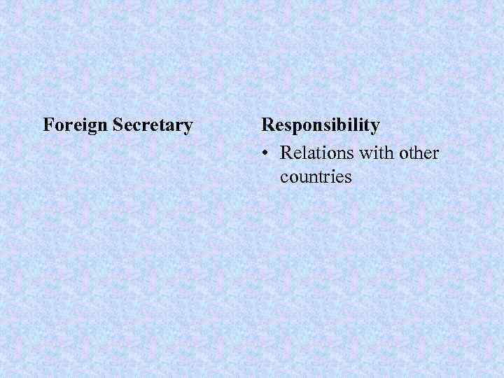 Foreign Secretary Responsibility • Relations with other countries 