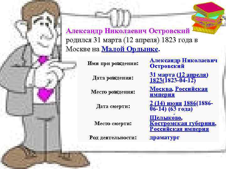 Александр Николаевич Островский родился 31 марта (12 апреля) 1823 года в Москве на Малой