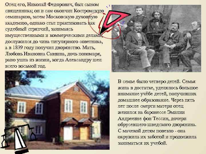 Отец его, Николай Федорович, был сыном священника; он и сам окончил Костромскую семинарию, затем