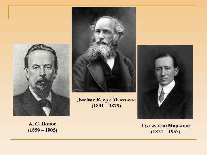 Джеймс Клерк Максвелл (1831— 1879) А. С. Попов (1859 – 1905) Гульельмо Маркони (1874—