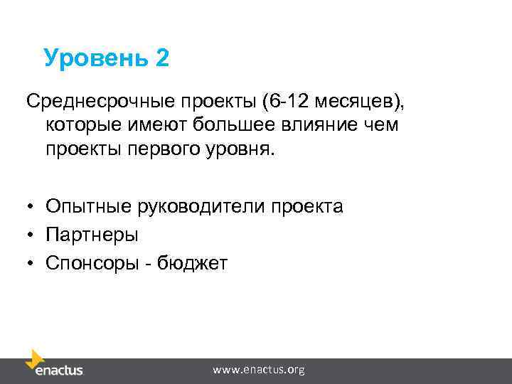 Уровень 2 Среднесрочные проекты (6 -12 месяцев), которые имеют большее влияние чем проекты первого