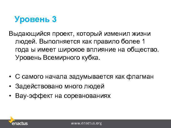 Уровень 3 Выдающийся проект, который изменил жизни людей. Выполняется как правило более 1 года