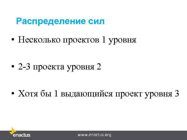 Распределение сил • Несколько проектов 1 уровня • 2 -3 проекта уровня 2 •