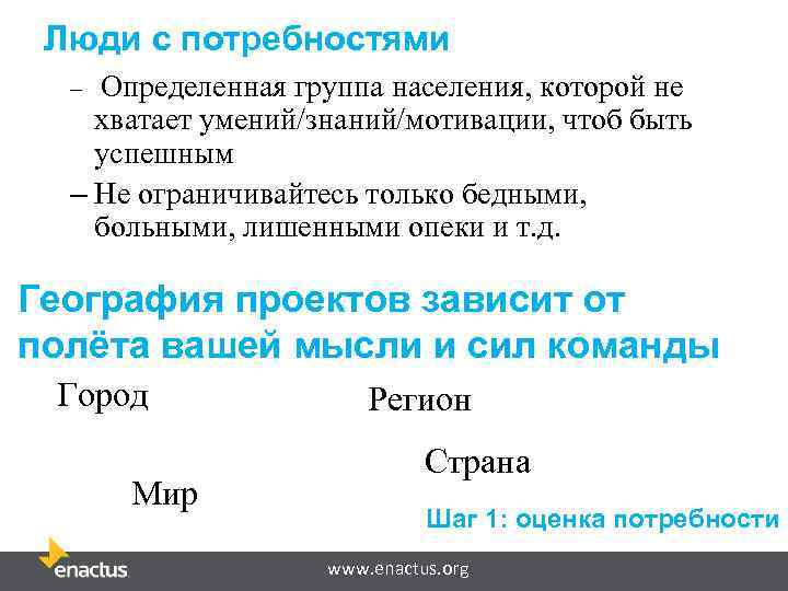 Люди с потребностями Определенная группа населения, которой не хватает умений/знаний/мотивации, чтоб быть успешным –