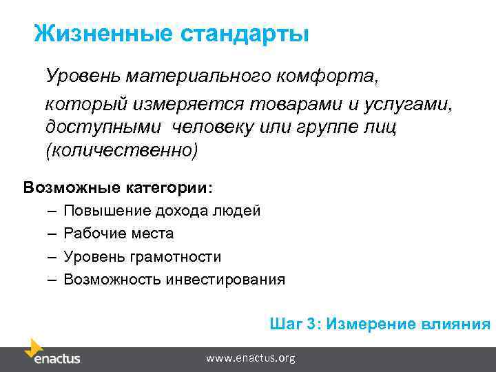 Жизненные стандарты Уровень материального комфорта, который измеряется товарами и услугами, доступными человеку или группе