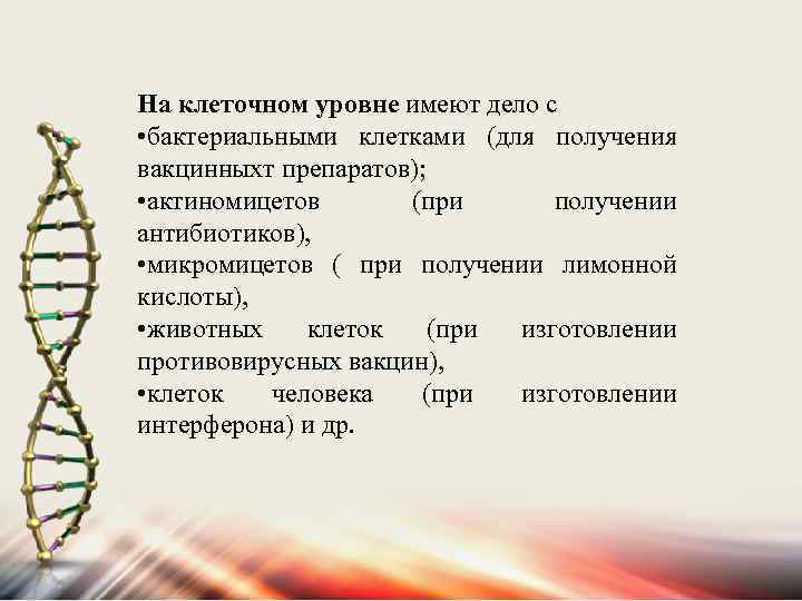 На клеточном уровне имеют дело с • бактериальными клетками (для получения вакцинныхт препаратов); •
