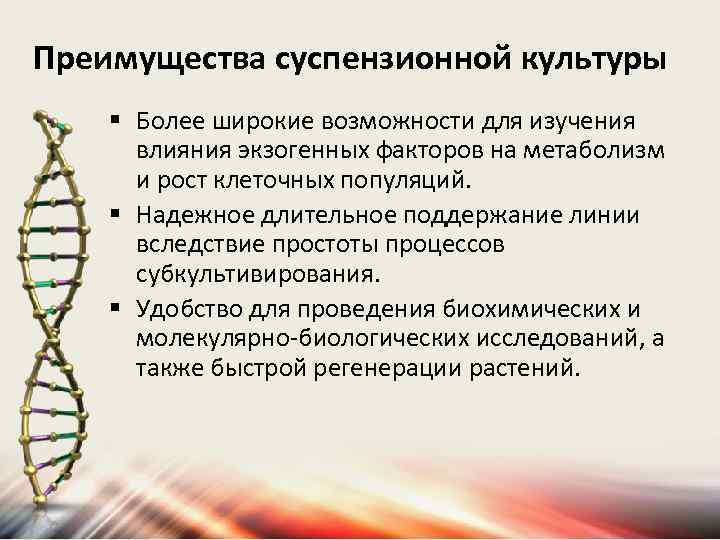 Преимущества суспензионной культуры § Более широкие возможности для изучения влияния экзогенных факторов на метаболизм