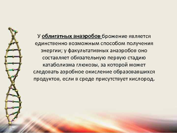 У облигатных анаэробов брожение является единственно возможным способом получения энергии; у факультативных анаэробов оно