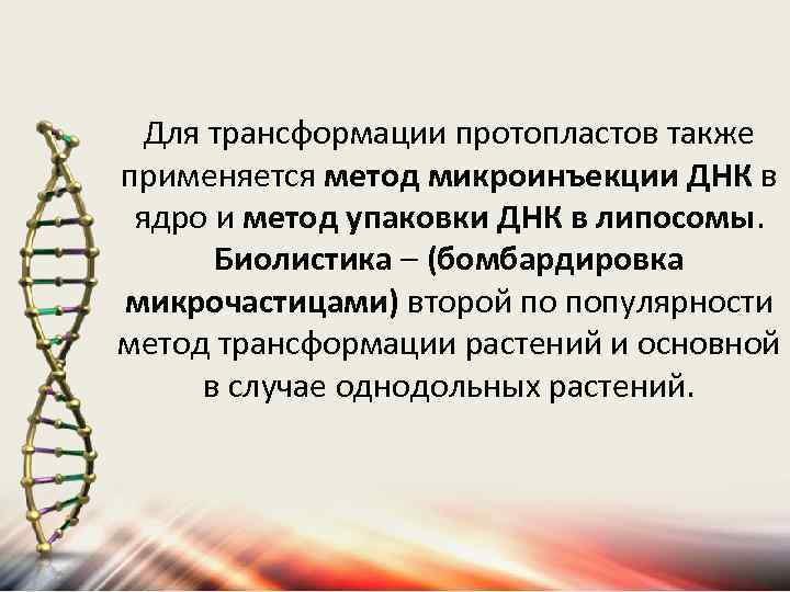 Для трансформации протопластов также применяется метод микроинъекции ДНК в ядро и метод упаковки ДНК