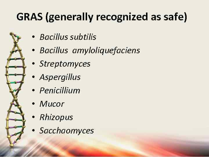 GRAS (generally recognized as safe) • • Bacillus subtilis Bacillus amyloliquefaciens Streptomyces Aspergillus Penicillium