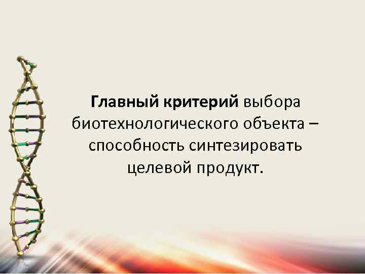Главный критерий выбора биотехнологического объекта – способность синтезировать целевой продукт. 