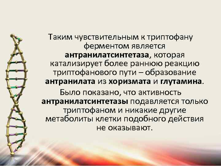 Таким чувствительным к триптофану ферментом является антранилатсинтетаза, которая катализирует более раннюю реакцию триптофанового пути