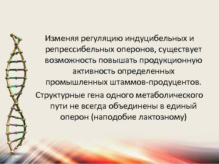 Изменяя регуляцию индуцибельных и репрессибельных оперонов, существует возможность повышать продукционную активность определенных промышленных штаммов-продуцентов.