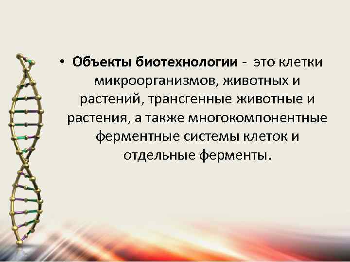  • Объекты биотехнологии - это клетки микроорганизмов, животных и растений, трансгенные животные и