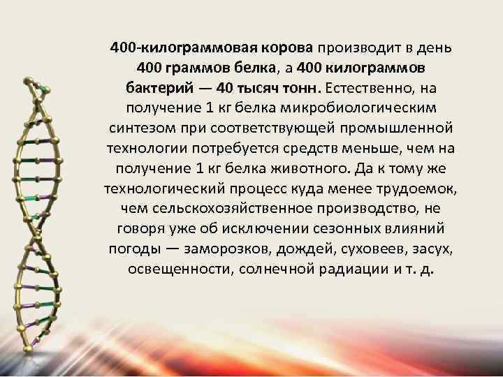 400 -килограммовая корова производит в день 400 граммов белка, а 400 килограммов бактерий —