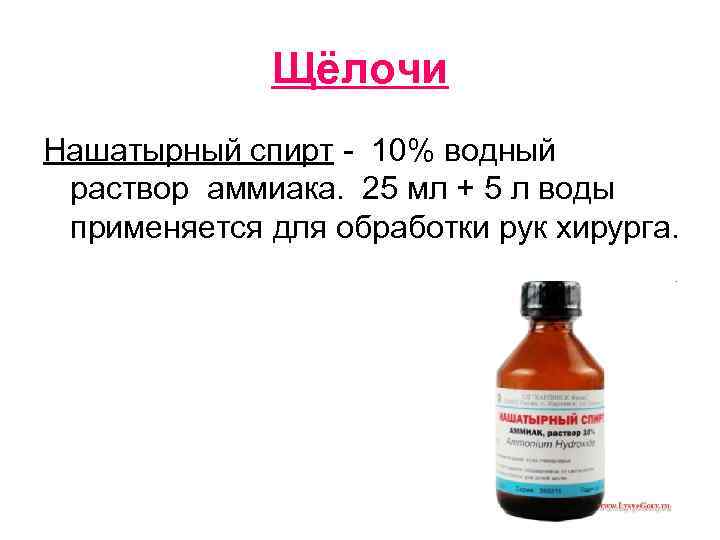 Щёлочи Нашатырный спирт 10% водный раствор аммиака. 25 мл + 5 л воды применяется