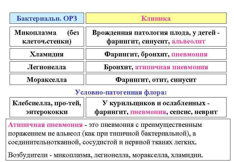 Бактериальн. ОРЗ Клиника Микоплазма (без клеточ. стенки) Врожденная патология плода, у детей - фарингит,