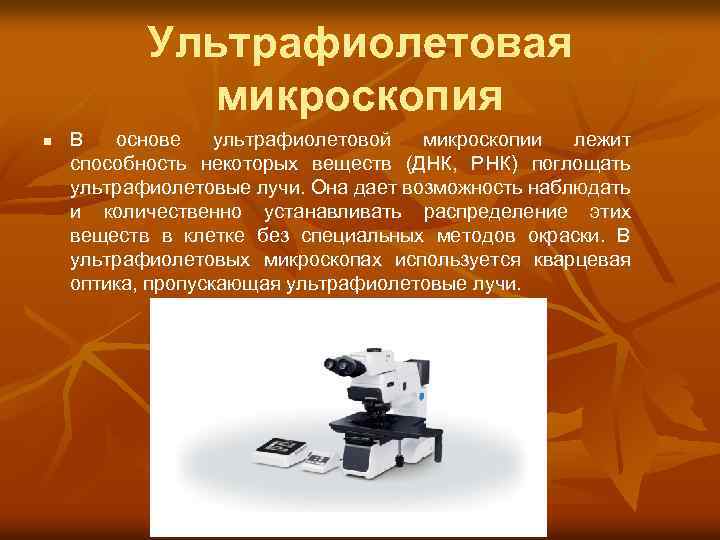Ультрафиолетовая микроскопия n В основе ультрафиолетовой микроскопии лежит способность некоторых веществ (ДНК, РНК) поглощать