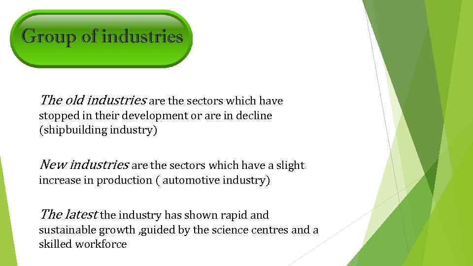 Group of industries The old industries are the sectors which have stopped in their