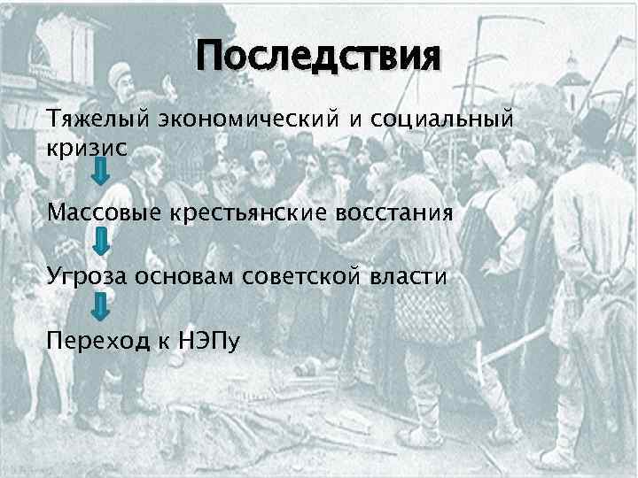 Последствия Тяжелый экономический и социальный кризис Массовые крестьянские восстания Угроза основам советской власти Переход