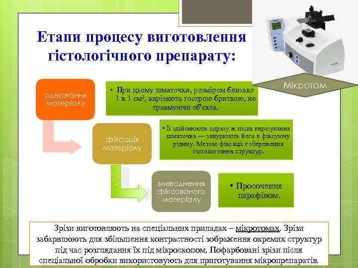 Етапи процесу виготовлення гістологічного препарату: одержання матеріалу • При цьому шматочки, розміром близько 1