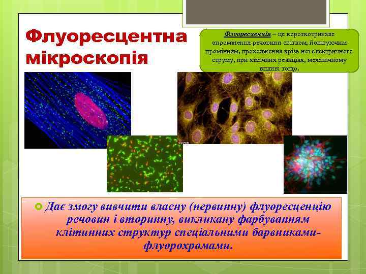 Флуоресцентна мікроскопія Флуоресценція – це короткотривале опромінення речовини світлом, йонізуючим промінням, проходження крізь неї