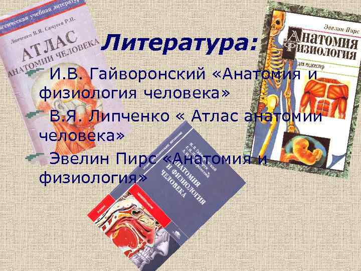 Литература: И. В. Гайворонский «Анатомия и физиология человека» В. Я. Липченко « Атлас анатомии