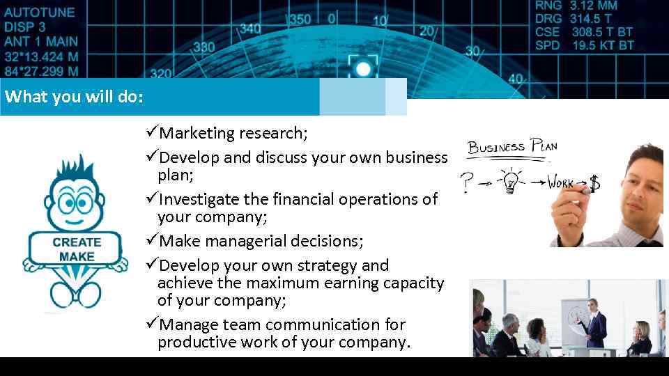 What you will do: üMarketing research; üDevelop and discuss your own business plan; üInvestigate