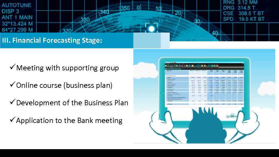 III. Financial Forecasting Stage: üMeeting with supporting group üOnline course (business plan) üDevelopment of