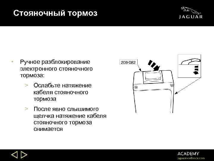 Стояночный тормоз • Ручное разблокирование электронного стояночного тормоза: > Ослабьте натяжение кабеля стояночного тормоза