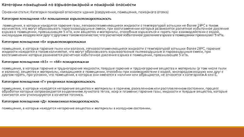  Категории помещений по взрывопожарной и пожарной опасности Основная статья: Категория пожарной опасности здания