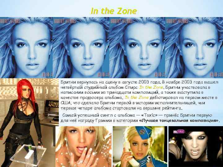  In the Zone Бритни вернулась на сцену в августе 2003 года. В ноябре