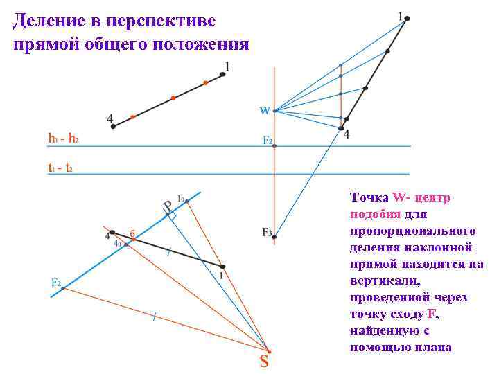 Деление в перспективе прямой общего положения Точка W- центр подобия для пропорционального деления наклонной