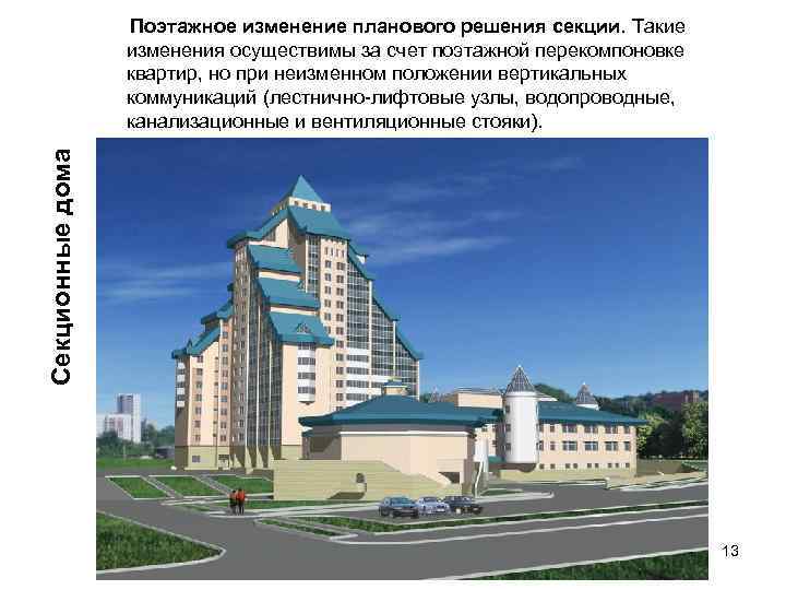 Секционные дома Поэтажное изменение планового решения секции. Такие изменения осуществимы за счет поэтажной перекомпоновке