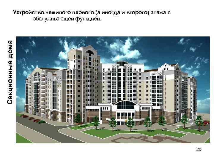 Секционные дома Устройство нежилого первого (а иногда и второго) этажа с обслуживающей функцией. 26