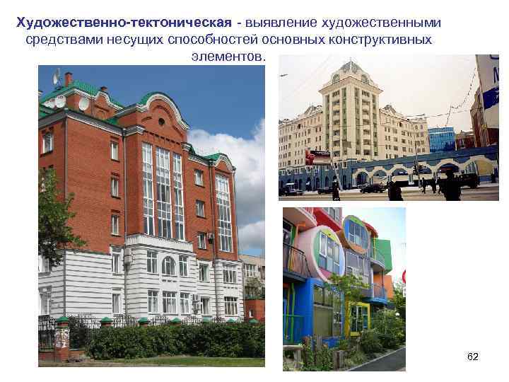 Художественно-тектоническая - выявление художественными средствами несущих способностей основных конструктивных элементов. 62 