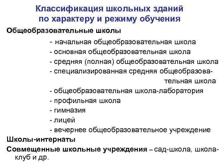 Классификация школьных зданий по характеру и режиму обучения Общеобразовательные школы начальная общеобразовательная школа основная