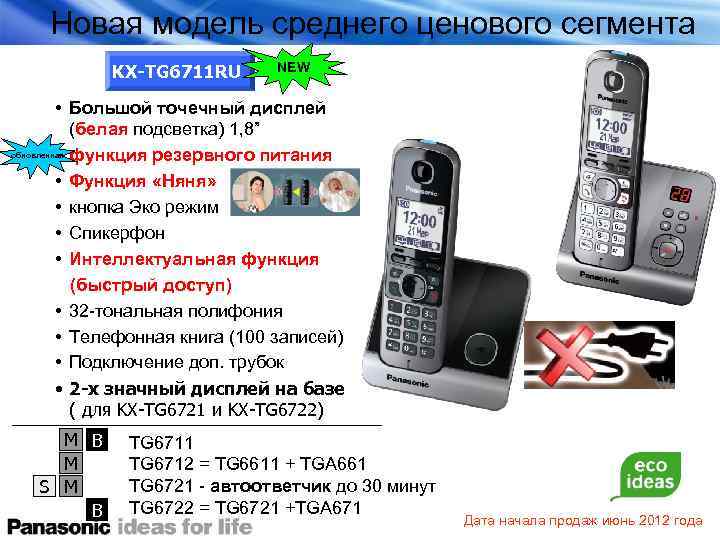 Новая модель среднего ценового сегмента KX-TG 6711 RU NEW • Большой точечный дисплей (белая